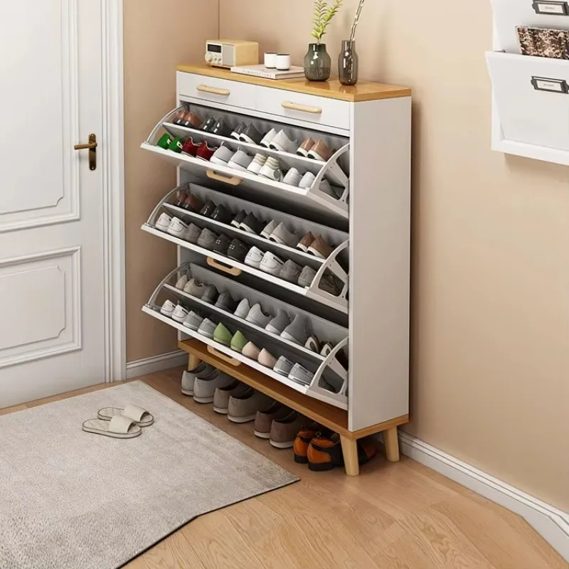 4 Tiers Wooden Slim Shoe Rack, Entryway Entrance Storage Cabinet Organizer, Home Furniture Shoe Cabinet for Hallway Closet