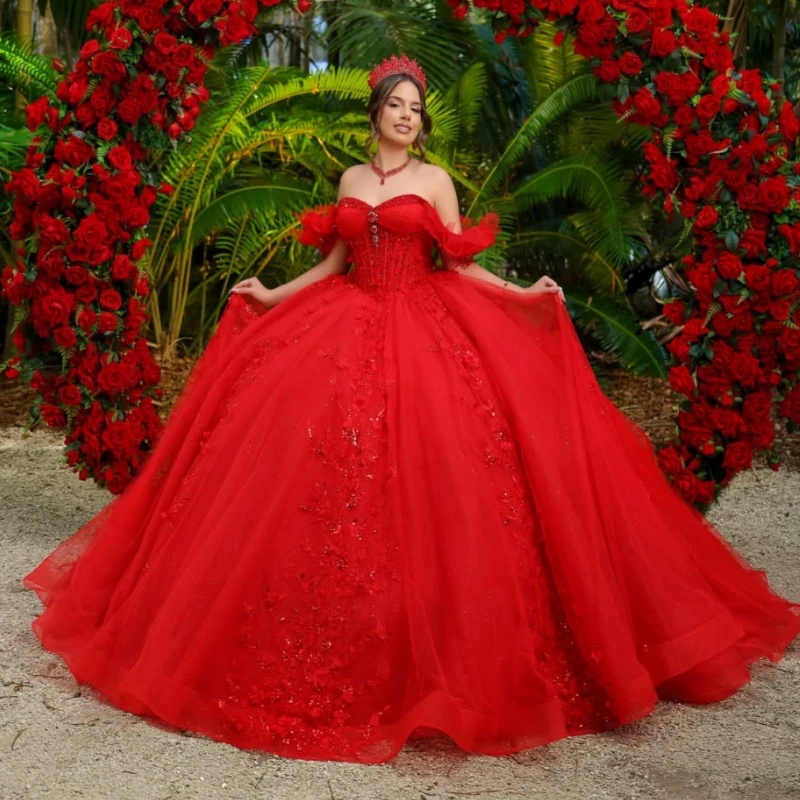 Red Glitter Quinceanera Dresses Off Shoulder Ball Gown Sweet 16 Dress Applique Flower Beading Bow Tull Party Birthday Vestidos