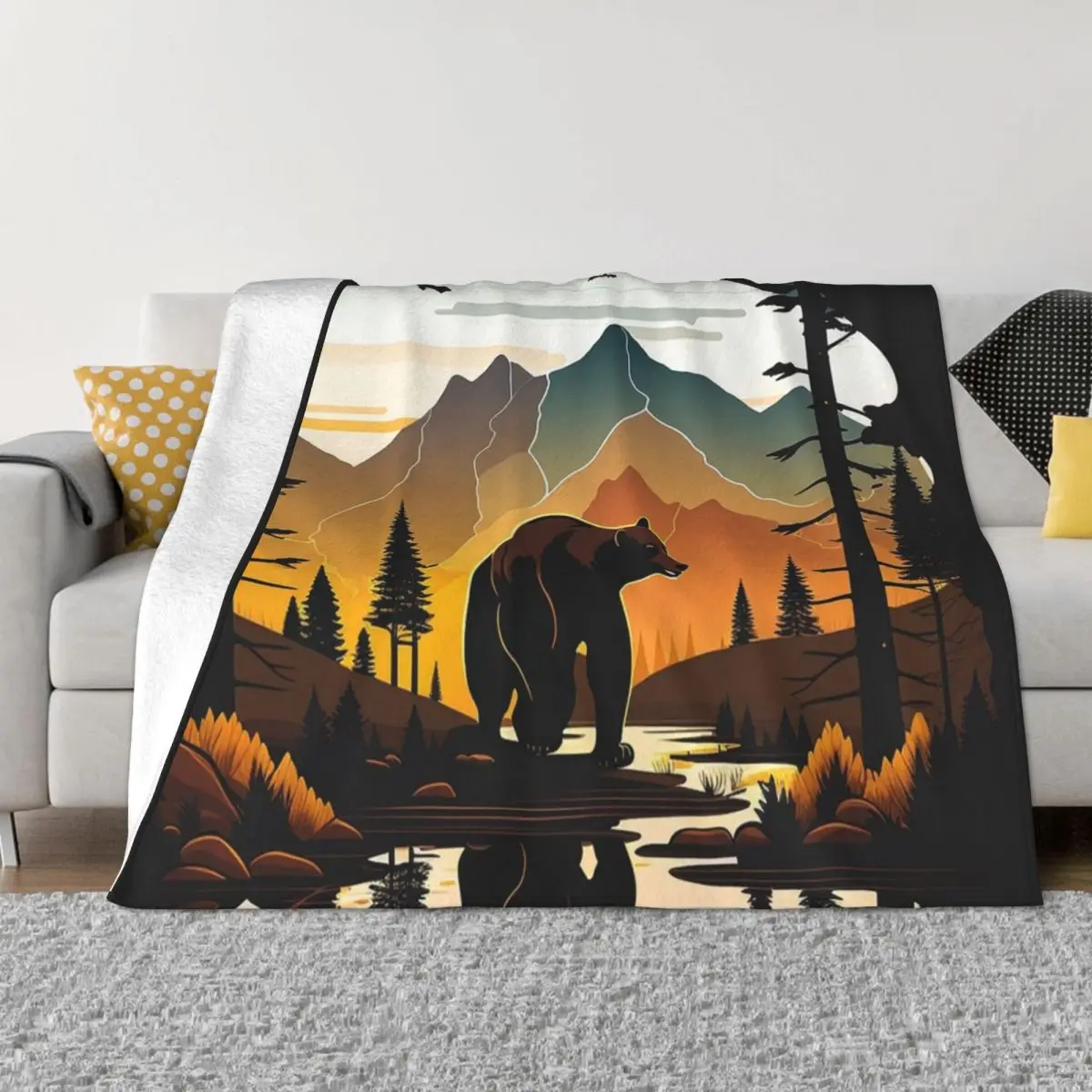 Bear and mountains Throw Blanket Thermal Furry Bed Fashionable Camping Blankets