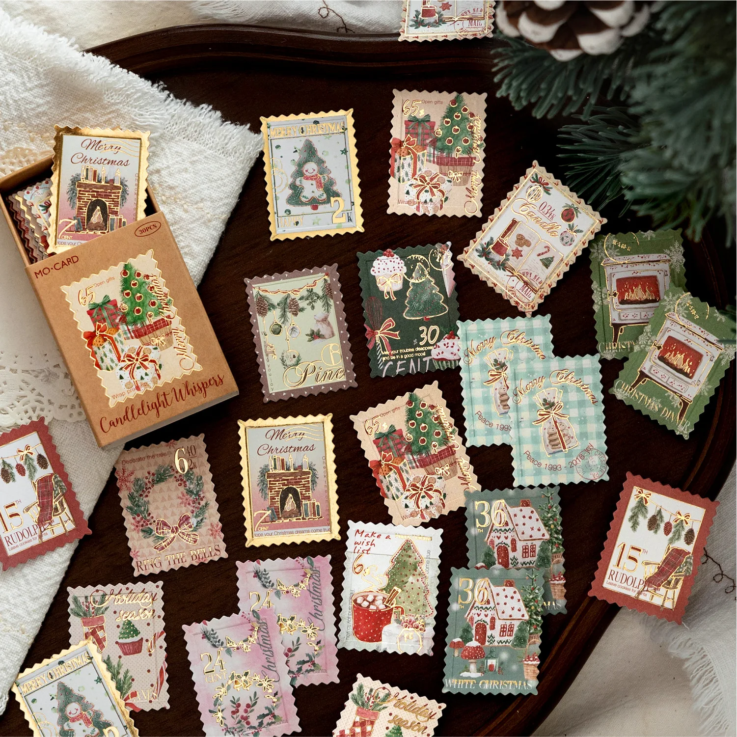 30pcs Matchbox Stamp Christmas Gold Foil Emboss Phone Case and Journal Diy Handbook Material School Office Supplie