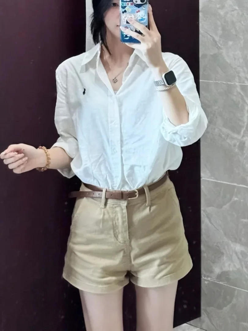 

American Style High Waist Wide Leg Denim Shorts Women Summer Loose Slim Folded Khaki Straight Tube Hot Pants Casual Commute S...