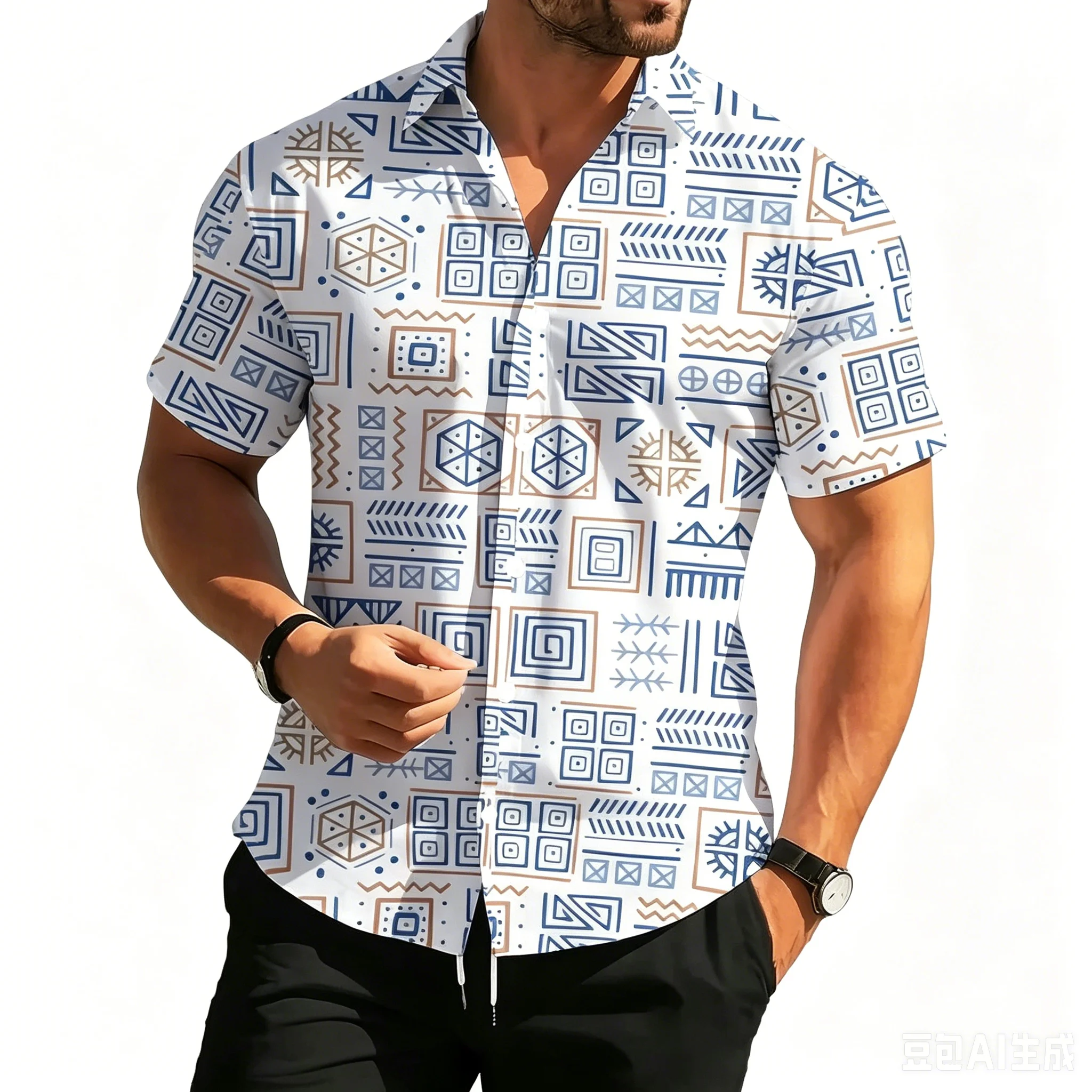 Geometric Floral Gradient Floral Quick Drying Short Sleeved Versatile Breathable Floral Shirt for Middle-aged and Young People