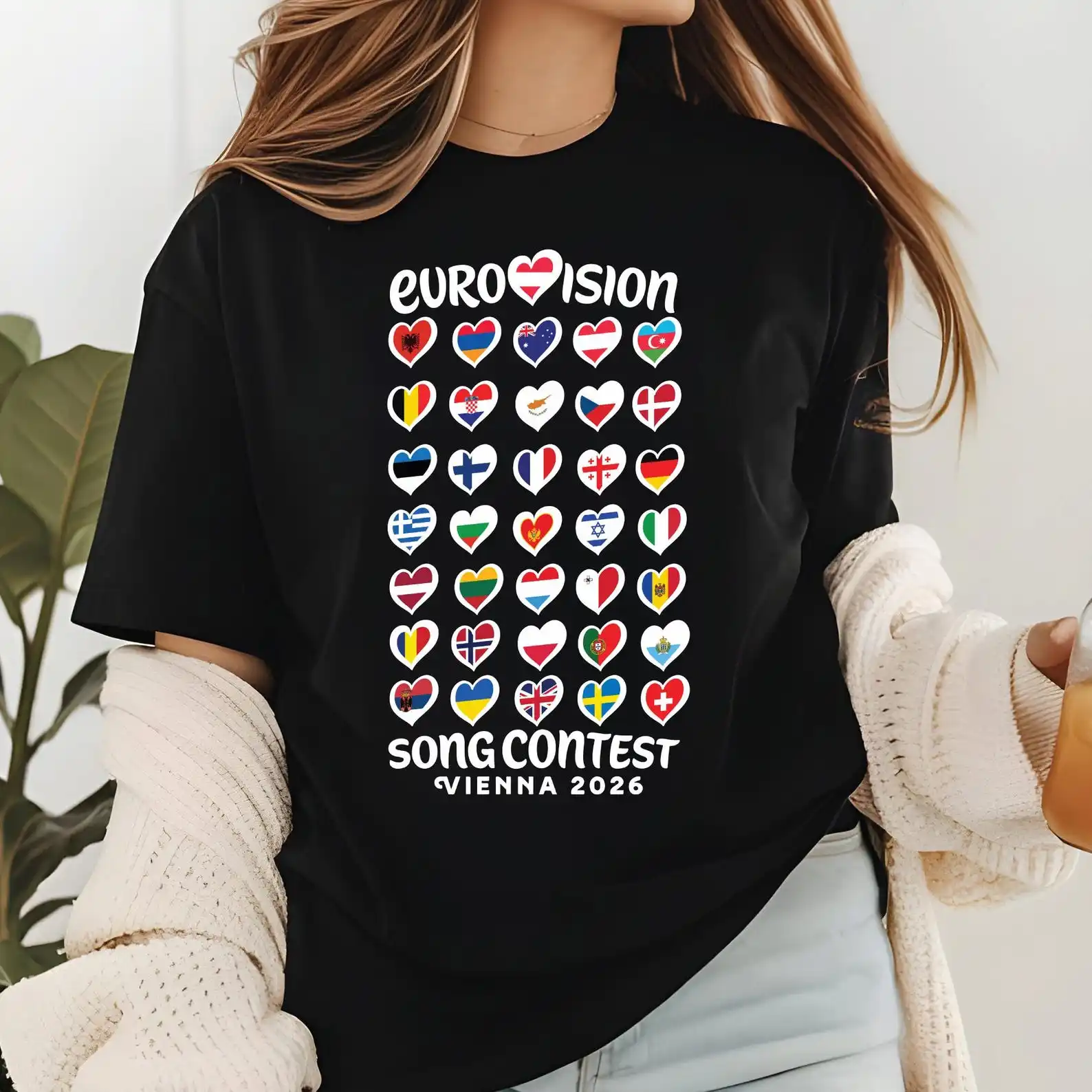 Unisex European Festival Streetwear Cotton T Shirt Eurovision 2026 United by Music Eurovision Song Contest Flags Print Tee
