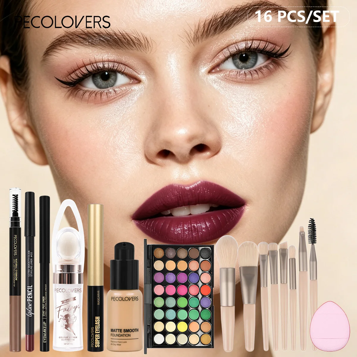 16 PCS Glowy Highlight Complete Makeup Kit, Foundation, Eyeshadow Palette,Mascara, Lip Liner,  Makeup Sponge & Complete Makeup