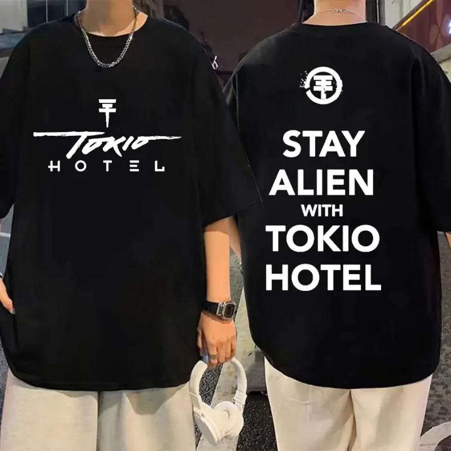 تي شيرت بأكمام قصيرة للرجال والنساء ، قطن ، فرقة روك ، فندق طوكيو ، طباعة حروف ، أساسي صيفي ، أسود ، حجم كبير