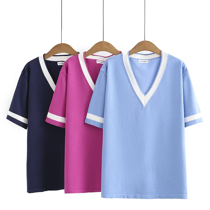 Plus Size Women T-Shirt 2023 Summer Short Sleeve Block Color Ice Knitted Tops Loose Tees Oversized Curve Clothes F5-5021