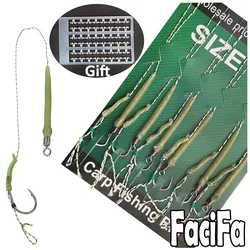 6 Pcs Carp Fishing Accessories Hair Rig Fishing Hook 1set Ready Made Tied Boilie Hook with Fishing line Anti Tangle Sleeve
