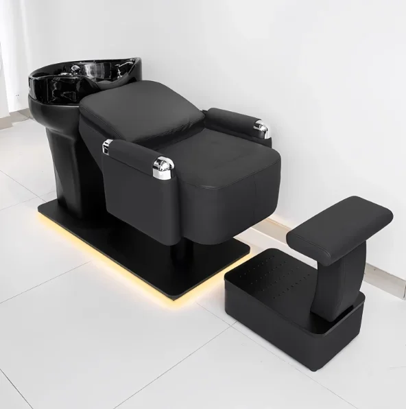 2026 High Quality Modern Half Lying Hair Salon Stainless Steel Shampoo Chair Adjustable Footstool Ceramic Basin Eco-friendly PVC