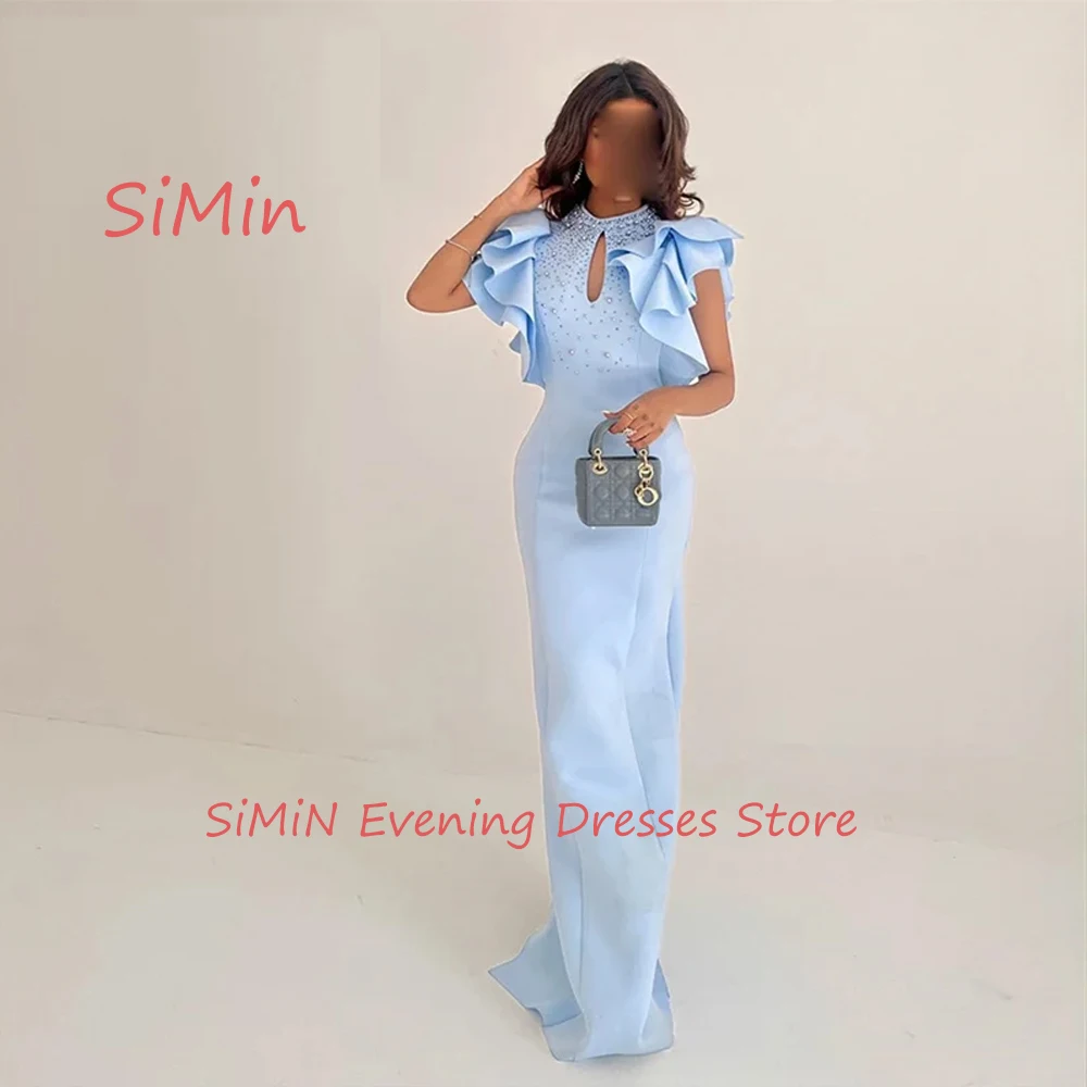 

Simin Saudi O-Neck Ruffle grace Mermaid Sleeveless Beaded ZipperUp Simple Floor-Length Arab Evening Party dresses for women 2024