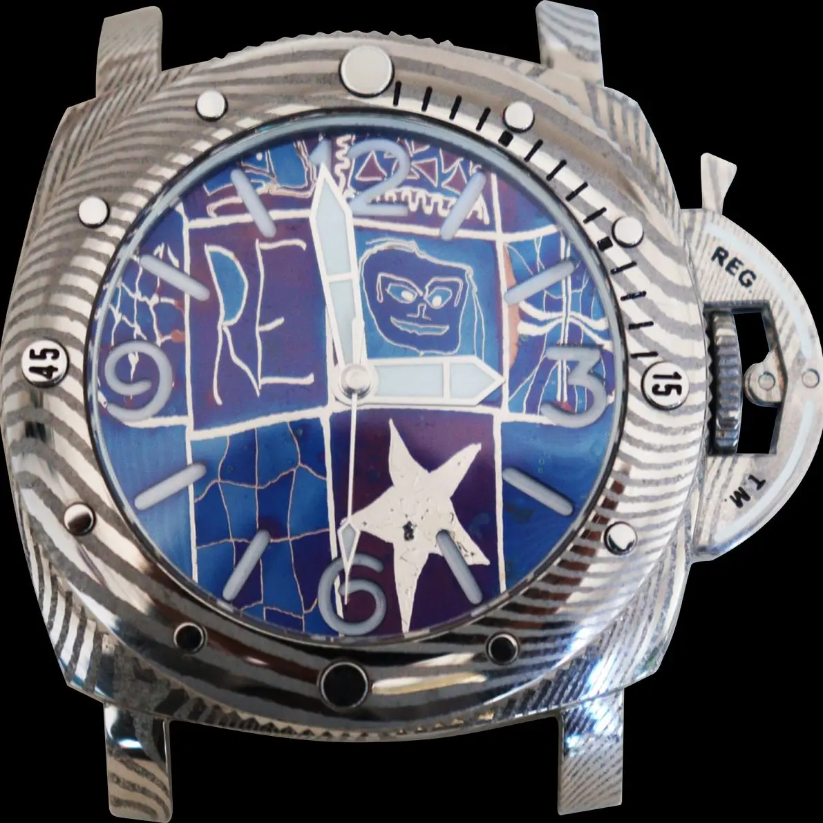 Sapphire glass   MOP/Meteorite/Mosaic Damascus dial  automatic Damascus/Mokume customized diving watch