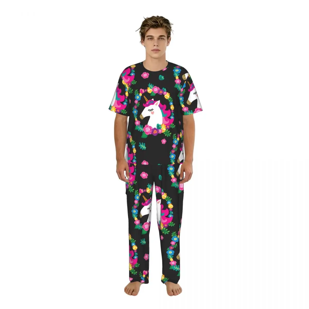 

Пижама для сна и дома: летняя/весенняя, с милым единорогом и цветочным венком, с коротким рукавом и длинными брюками