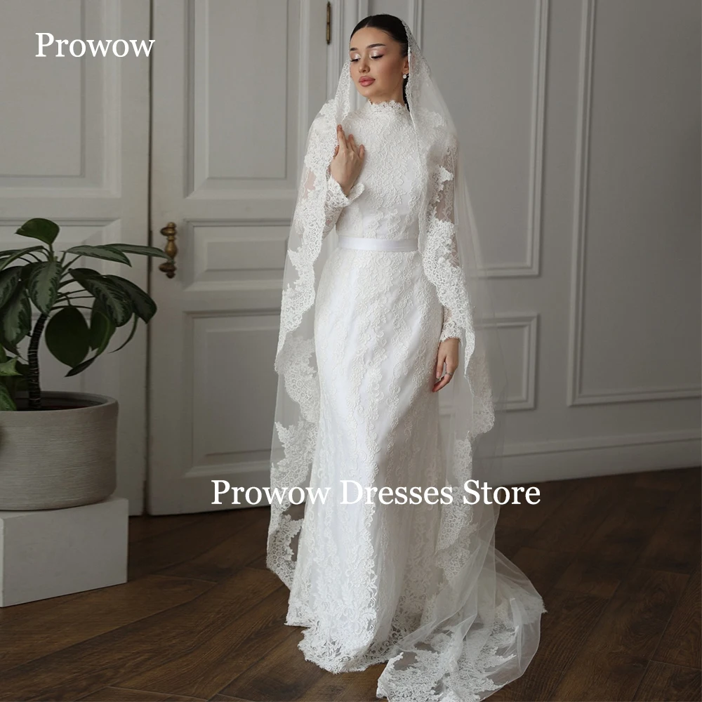 

Prowow Modest High Neck Lace Straight Wedding Dresses Floor Length Full Sleeves Bride Gowns Zipper Back Sashes Customized