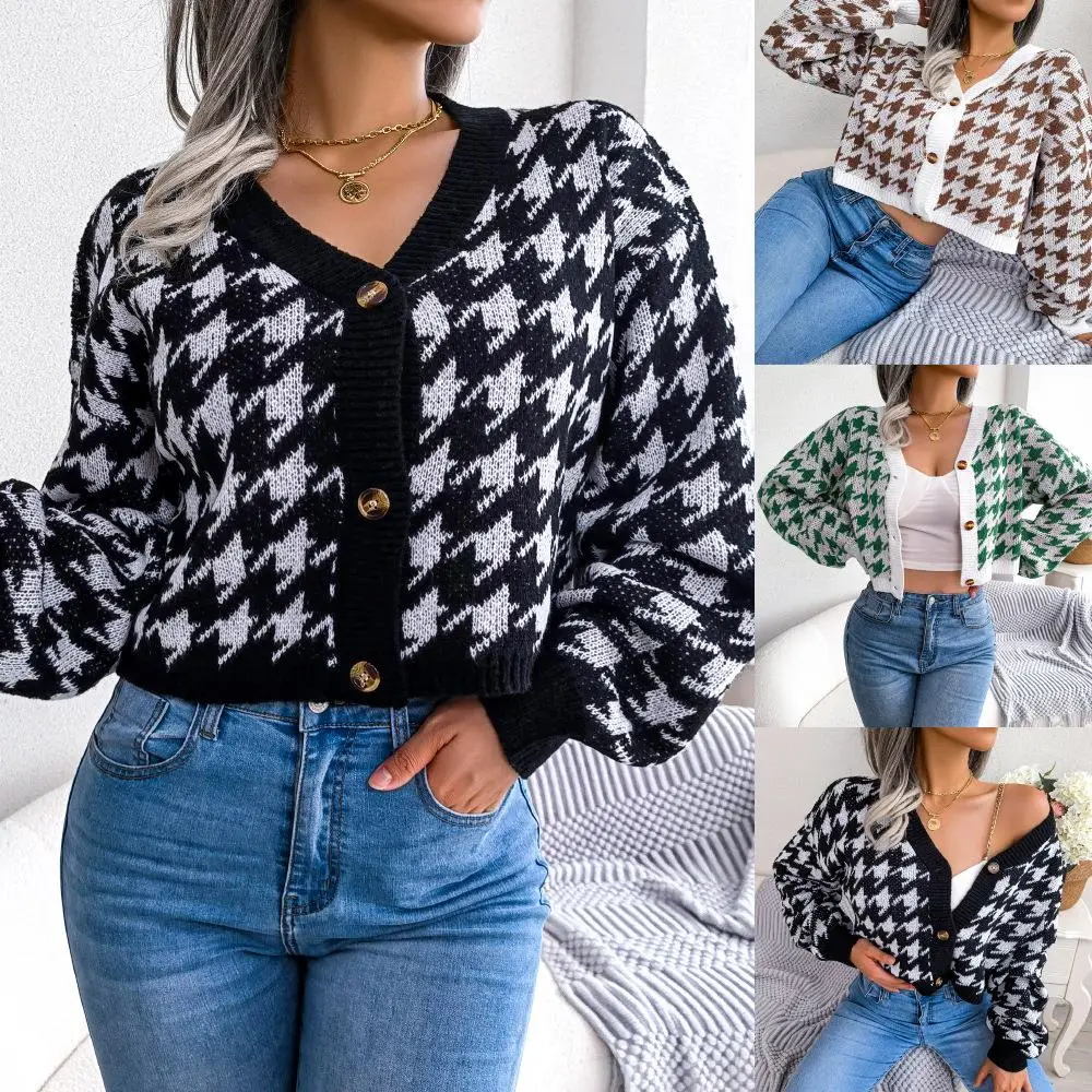 

Autumn Winter Casual Long Sve Cardigan Sweater Coat Plaid Design Lantern Sle Women's Cross-Border Independent Station