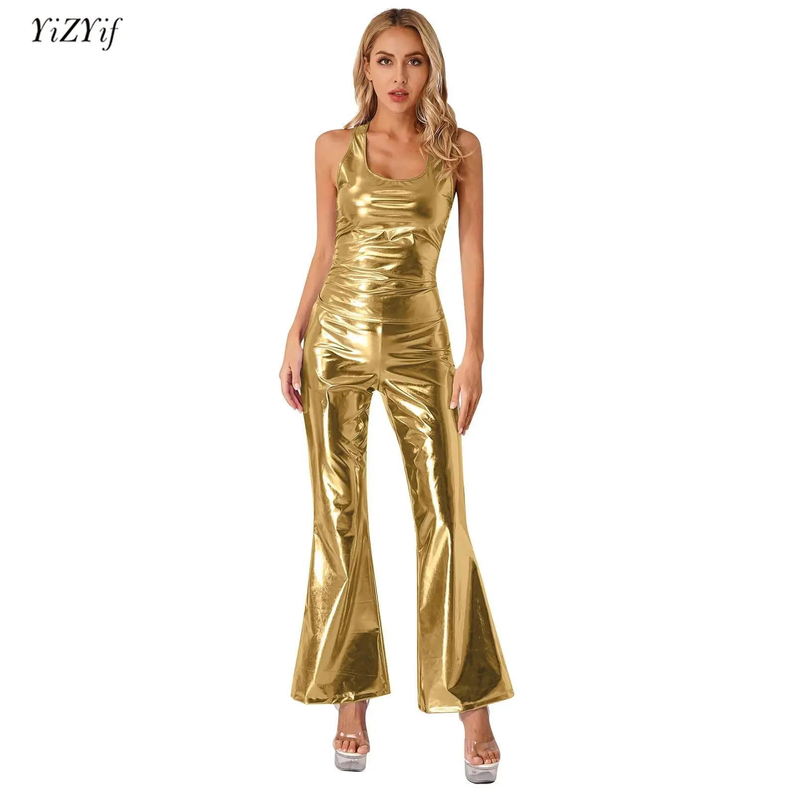 

Womens Metallic Shiny Clubwear Deep U-neckline Sleeveless Racer Back Tank Top+Flare Pants Party Rave Disco Jazz Dance Costumes