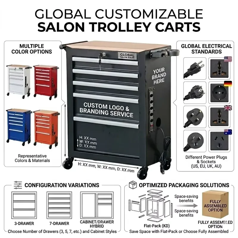 OEM 5 Drawer Metal Barber Salon Tool Cabinet Rolling Storage Cart with Socket and Hair Dryer Holder