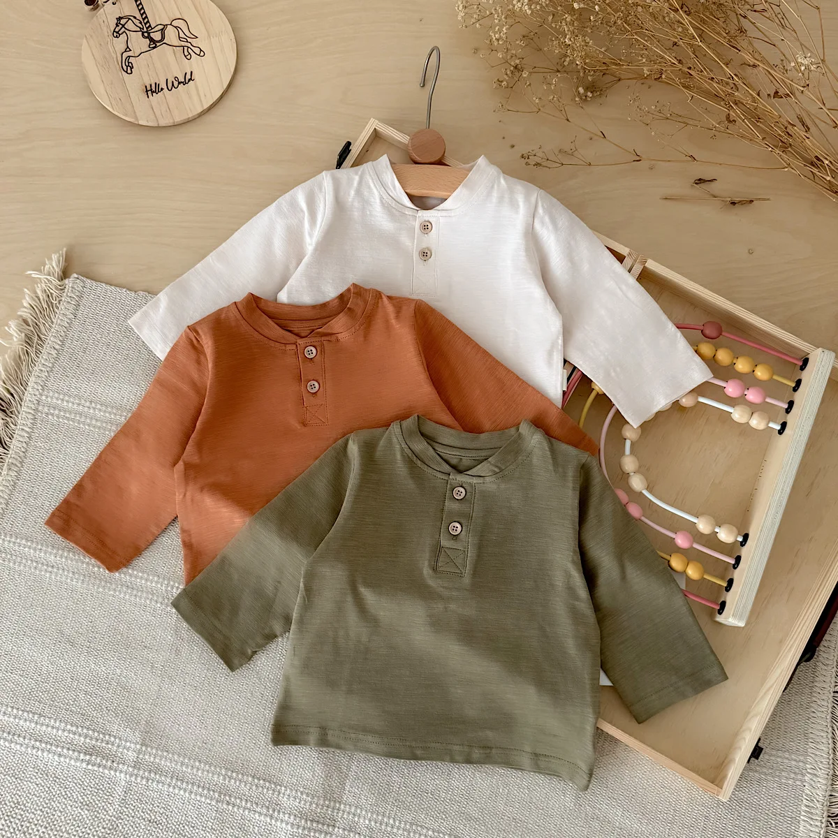 3Pcs Infant Solid Color Long Sleeve Shirts Unisex Baby Bamboo Cotton Henley Tee Set Front Button Casual Basic Tops for Toddler B