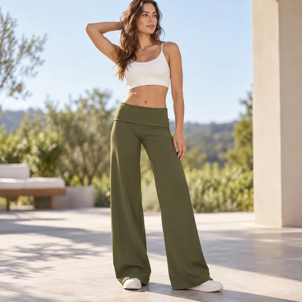 Fold over Waistband Wide Leg Pants Low Rise Sporty Casual with Full Length Women Pants for Spring Summer Autumn Winter