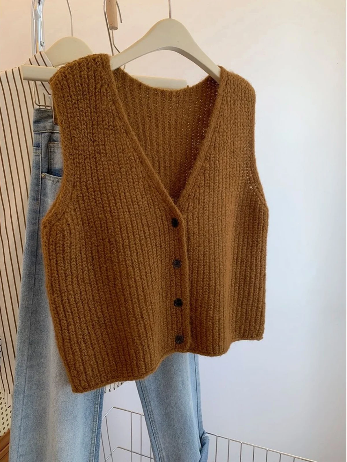 Chaleco de Punto con Cuello en V para Mujer, Ropa de Abrigo de Invierno 2025, Nuevo Suéter de Otoño e Invierno, Cárdigan Abierto