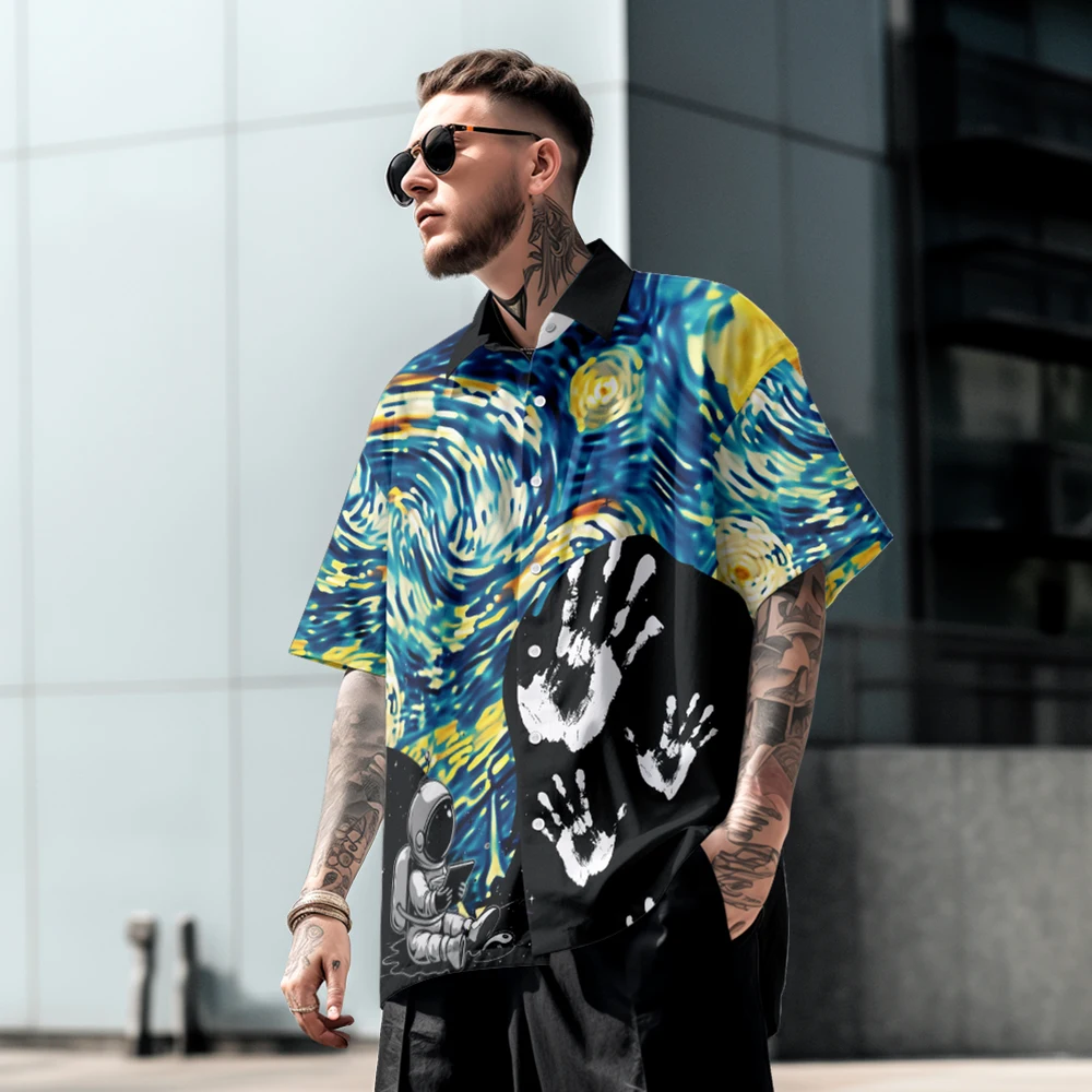 

Summer casual oversized short sleeved, full body printed, loose Hawaiian trend quick drying comfortable single breasted shirt