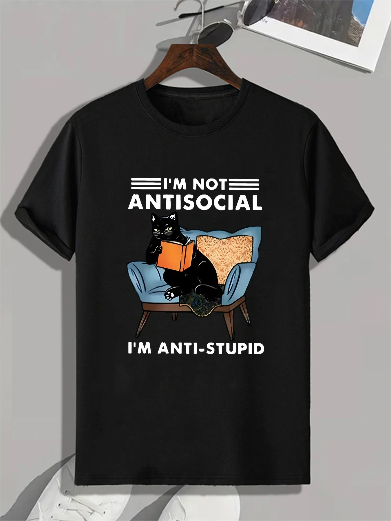 

Мужская повседневная футболка с рисунком «I'm Not Antisocial, I'm Anti-Dupid» с забавным котом, темно-синяя с круглым вырезом и коротким рукавом