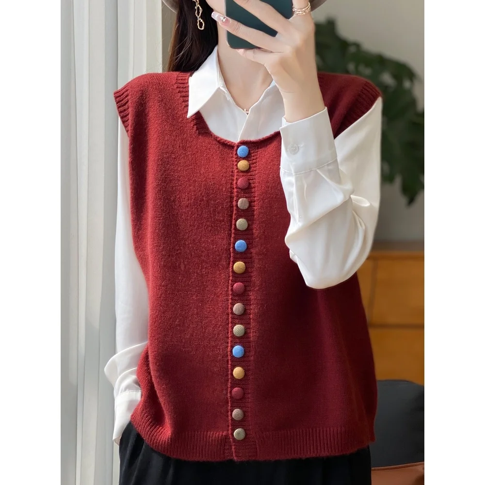 

Французский свободный крой, круглый вязаный свитер на пуговицах, женский универсальный многослойный топ без рукавов, осенняя одежда