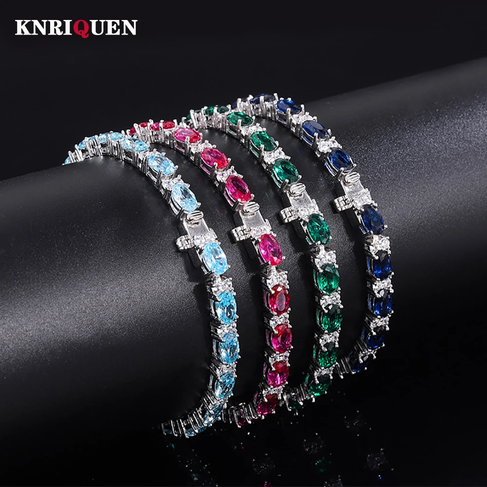 2022 Trend 100% 925 Silver 4*6mm Ruby Emerald Aquamarine Chain Bracelet Women's Charms Party Fine Jewelry Birthday Gift 16-18cm