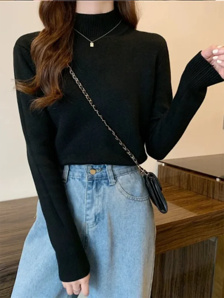 Womens Sweater Velvet Pullover Winter Fall Knitwear Half Turtleneck Jumper Casual Thick Plush Lined Knit Soft Stretch Top Korean