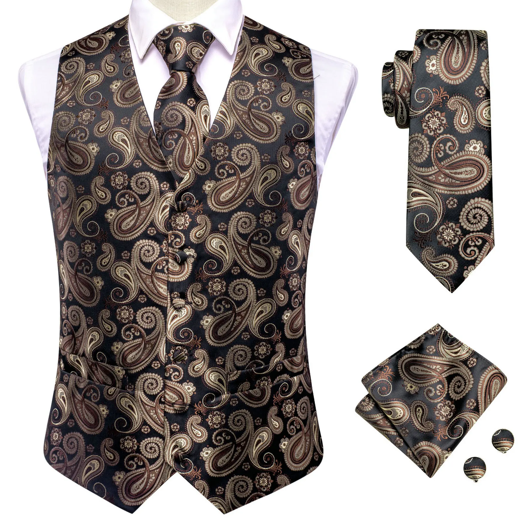 Fashion Mens Paisley Waistcoat Necktie Hanky Cufflinks Vest Set  for Business Party  Wedding Hi-Tie