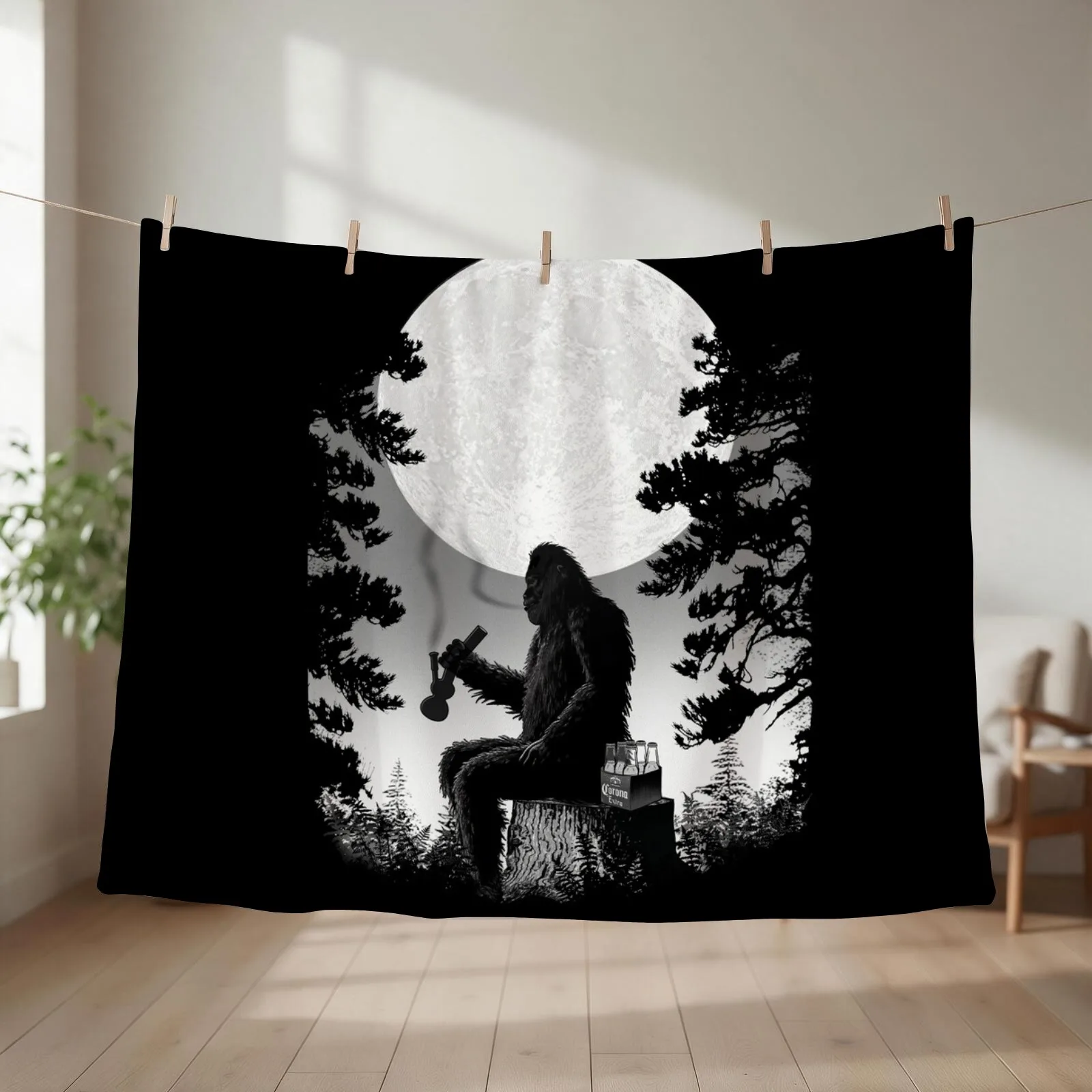 Bigfoot Chillaxin in the Forest Throw Blanket