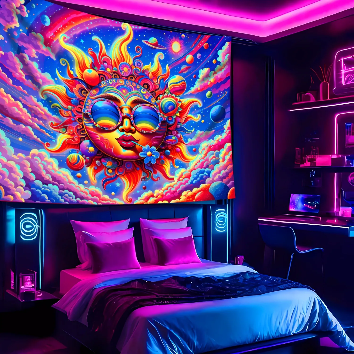 Sun God Rays Fluorescent Tapestry Light Up Your HomeUV tapestry wall hanging bedroom home party decoration