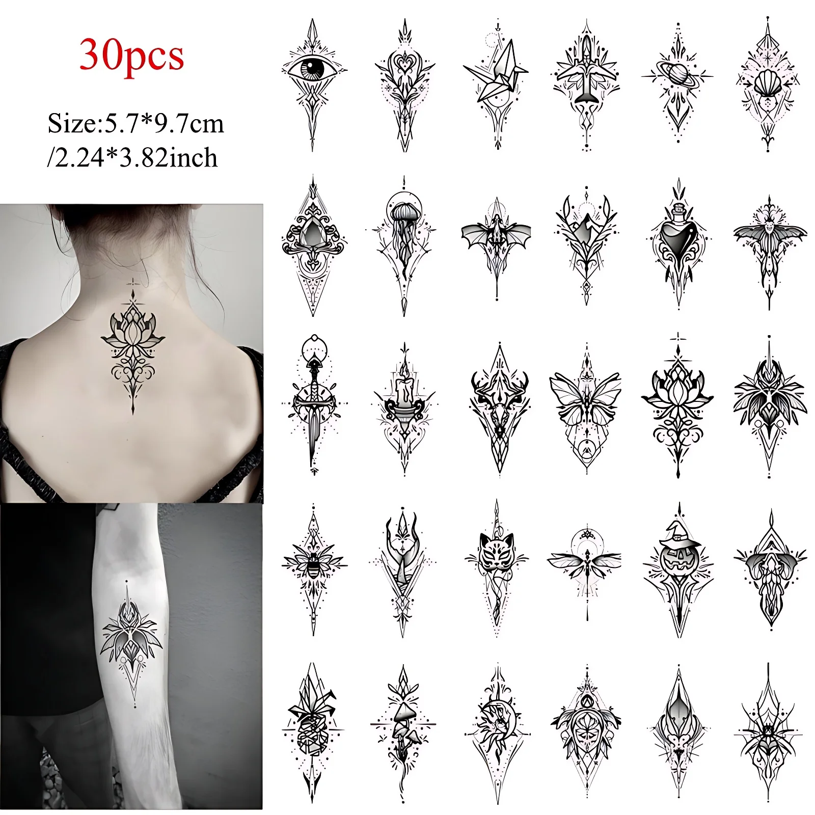 30pcs/lot Fake Tattoo Waterproof for Women Girls Realistic Lace Tribal Spider Eye Lotus Tattoo Stickers Ankle Belly Thigh Neck