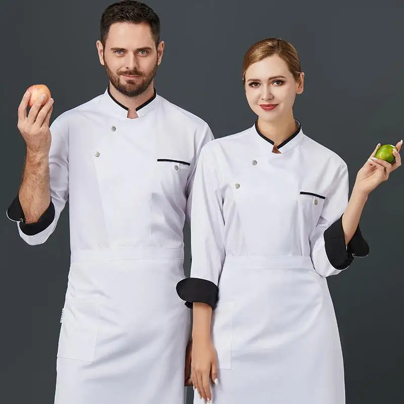 Uniforme de Chef d'hôtel à manches longues pour hommes, vêtements de cuisine arrière de Restaurant d'automne et d'hiver, salopette de Chef à manches courtes plus