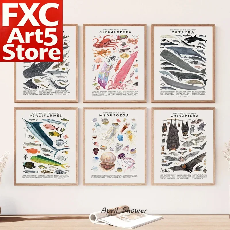 Abstract Marine Organisms Jellyfish Whale Squid Fishes Posters Canvas Painting and Prints Wall Art Picture for Room Home Decor
