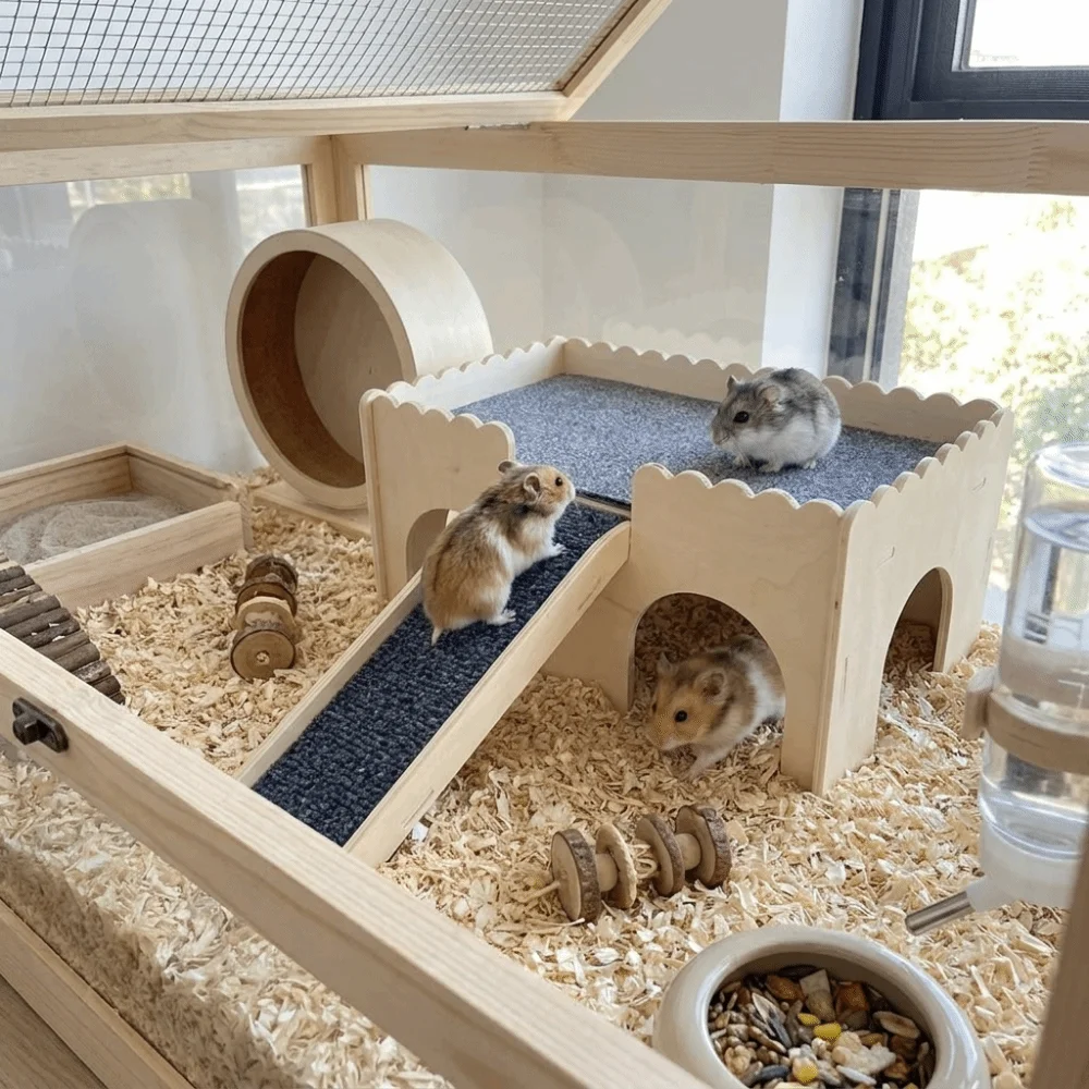 

Bite Resistant Wooden Hamster House Breathable Double-Layer Small Animal Hideout Removable Climbing Ladder