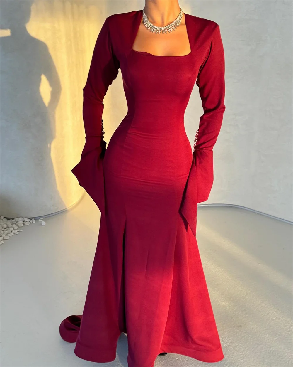 ROYET Pleat Square Neck Full Sleeve Mermaid Evening Party Dress For Woman Ankle Length Sweep Train Classic Prom Gown Customized