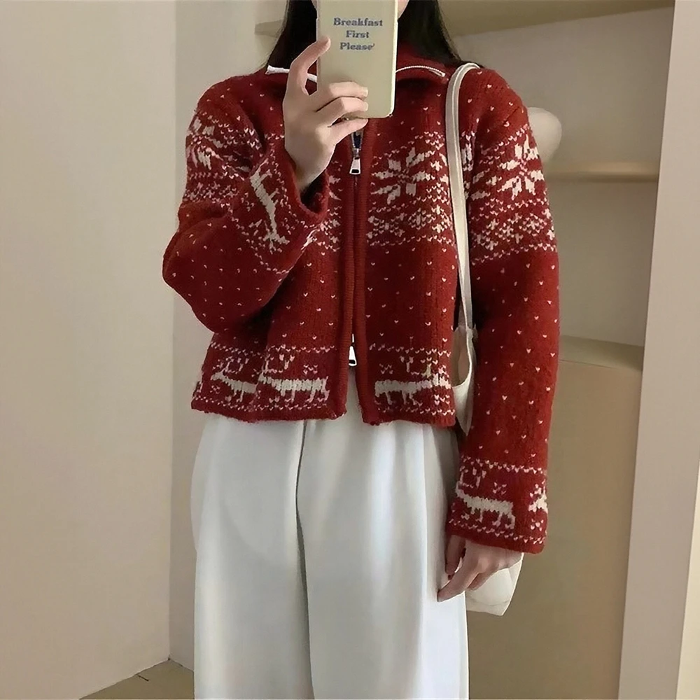 

Women's Stand Collar Retro Heavy Industry Short Sweater Jacket Zipper Knitted Cardigan for Autumn Winter Lazy Design