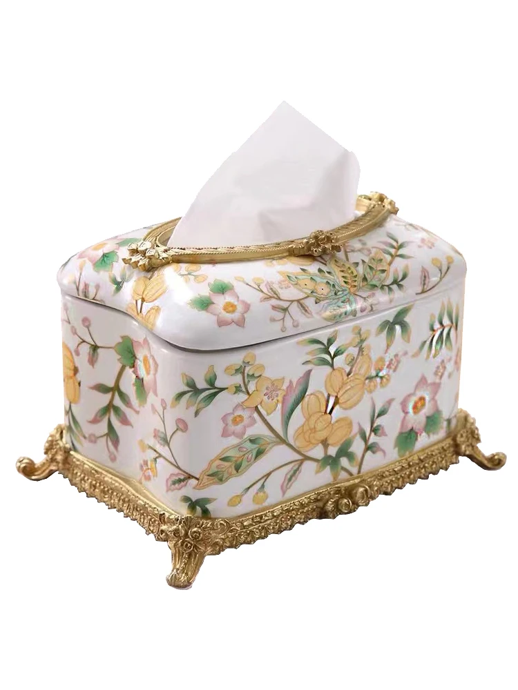 

Luxury ceramics with copper wrapped porcelain tissue box light luxury villa soft retro inlaid copper drawer decoration