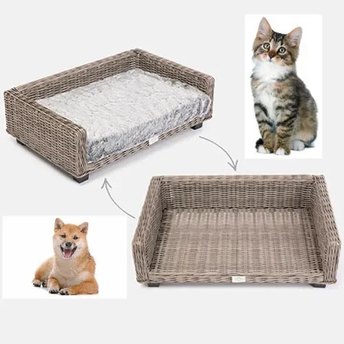 Handmade Woven Rattan Basket Dog Cat Pet Care rest Soft bed with Cushion