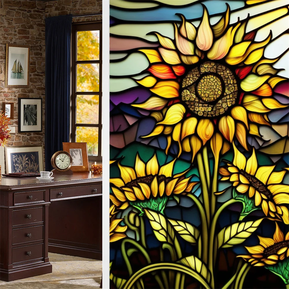 Película de ventana de vidrio teñido de girasol colorido, película de ventana de aislamiento térmico de bloqueo Uv extraíble, estática decorativa