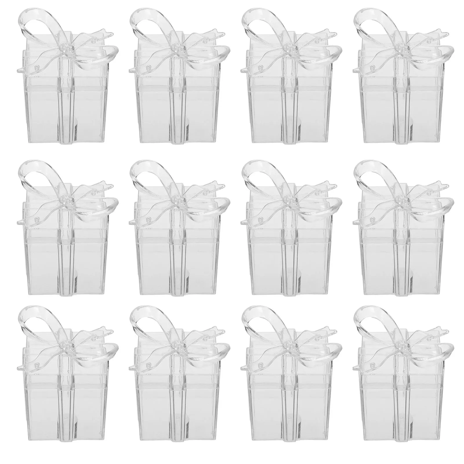 

12pcs Transparent Candy Box Clear Square Treat Boxes Small Favour Case Dessert Packaging Wedding Party Favor Plastic Bow Sturdy