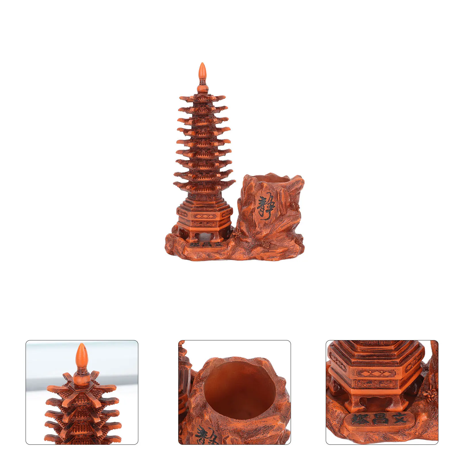 

1Set Tower Design Pen Holder Resin Craft Vase Imitated Wood Desktop Decorative Storage Box Office Home Organizer