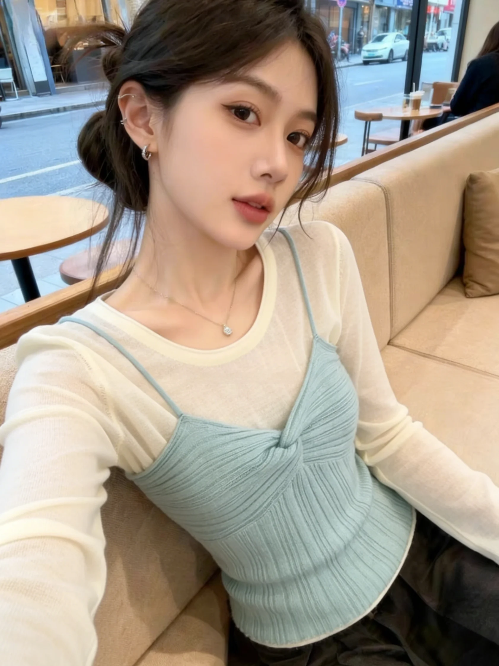 

Korean Style round Neck Long Sleeve Knitted Top Women's Spring New Twist Knot Two Piece Set Thin Self-Keeping Commute Style