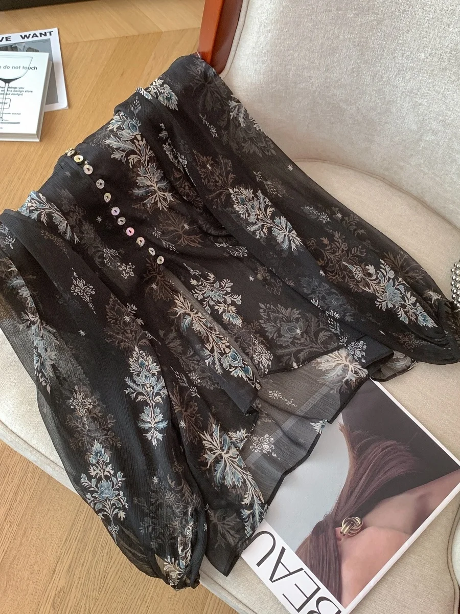 럭셔리 브이넥 긴팔 쉬폰 자수 탑 여성 패셔너블 베이스 셔츠 루즈핏 랜턴 슬리브 코튼 거즈