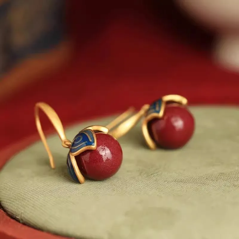 PANJBJ 925 Silber Persimmon-Roter Stein Ohrringe für Frauen Retro Ethnisches Glücksdesign Unregelmäßiger Schmuck Geschenk Dropshipping – Detail 2