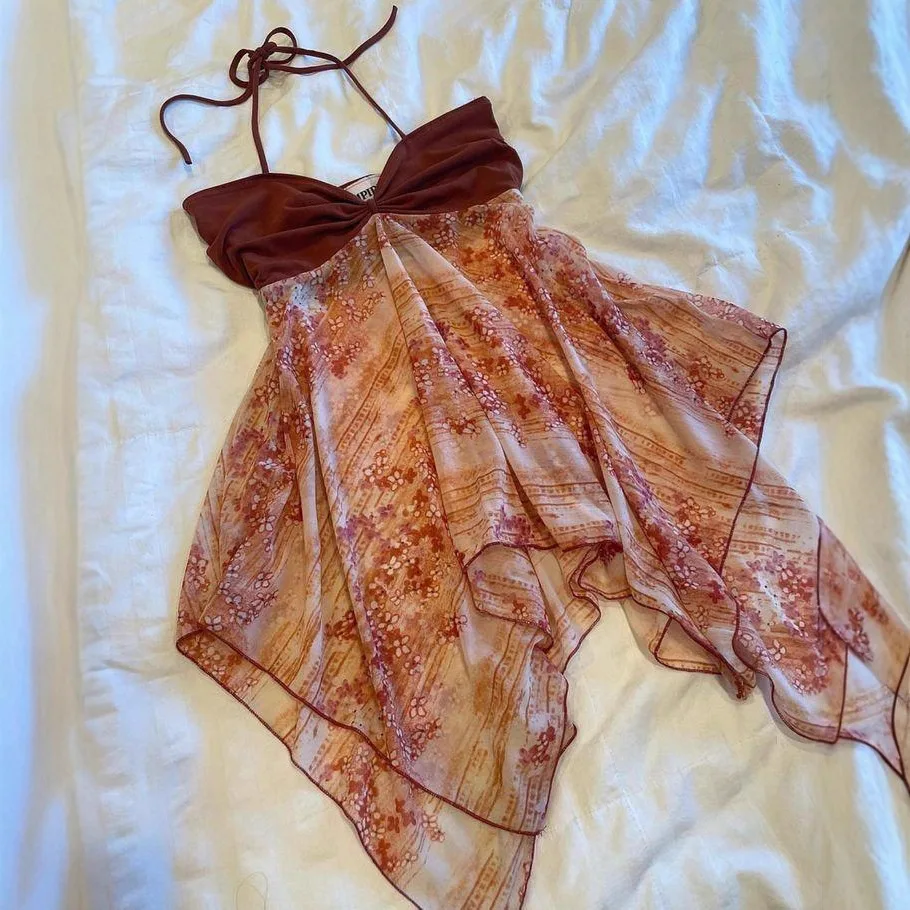 

2026 Women's Retro Boho Halter Dress Unique Asymmetrical Hem Backless Floral Sundress For Summer Casual Wear