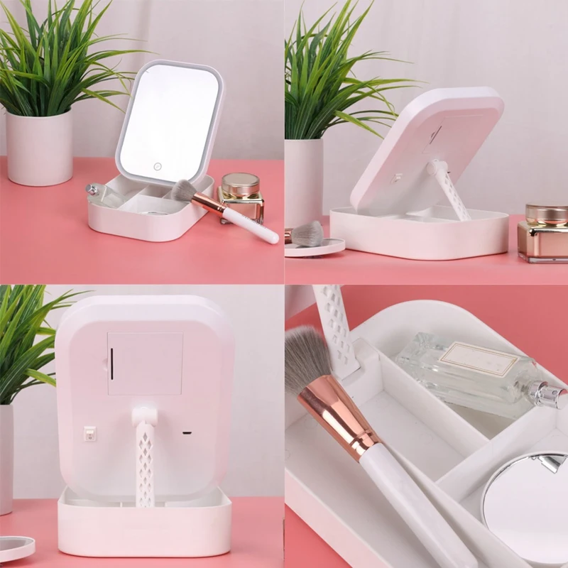 Table Makeup Mirror Case LED Fill Light Cosmetic Storage Box,Fold Contact Control Desk Organizer For Home Travel