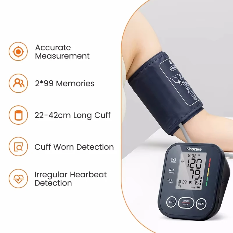 Sinocare Upper Arm Automatic Blood Pressure Monitor Portable Digital BP Sphygmomanometer Pressure Meter Tonometer