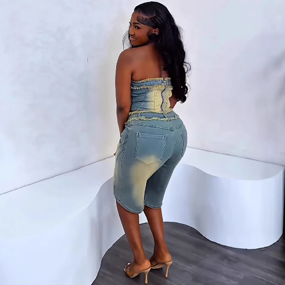 Set Jeans Wanita Atasan Tabung Pinggiran Dicuci Denim Tanpa Tali Modis Musim Panas dan Celana Pendek Jeans Longgar Panjang Lutut Set Pakaian Yang Cocok