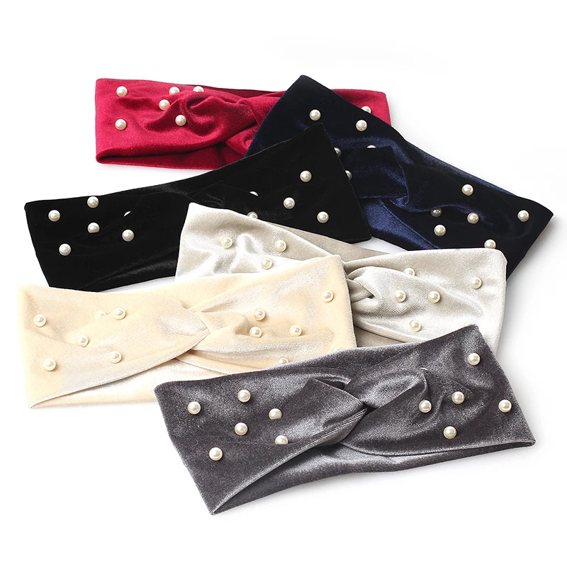 Women Velvet Pearls Cross Knotted Headbands Female Soft Elastic Pearl Headwear Scrunchies Hairband Hair Accessories