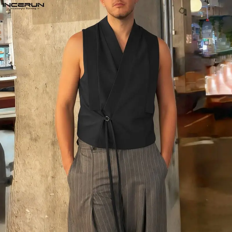 

INCERUN мужские жилеты сплошной цвет с v-образным вырезом без рукавов повседневные мужские жилеты уличная одежда на шнуровке модные укороченные жилеты для отдыха мужские S-3XL